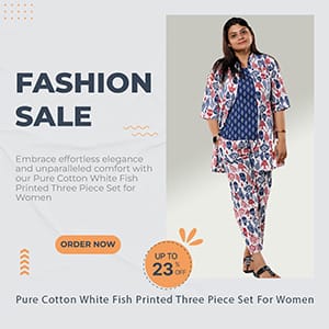 Pure Cotton White Fish Printed Three Piece Set For Women