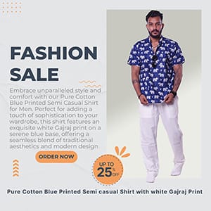 Pure Cotton Blue Printed Semi casual Shirt with white Gajraj Print For Men